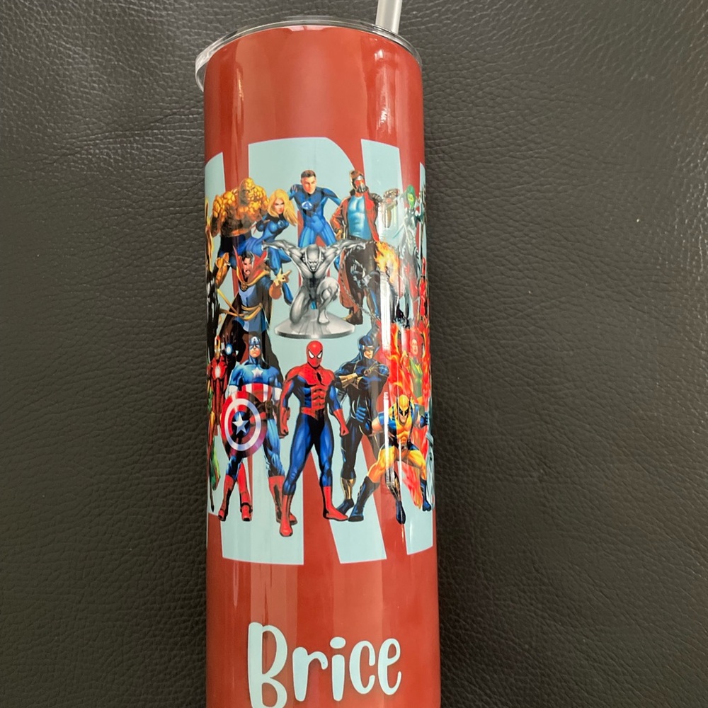 Marvel tumbler with straw imprint custom “Brice” new with tags Disney
